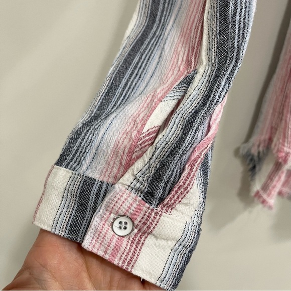Bella Dahl Striped Linen-Blend Collared Blouse Button Up Blue Pink Size Large - Picture 8 of 11